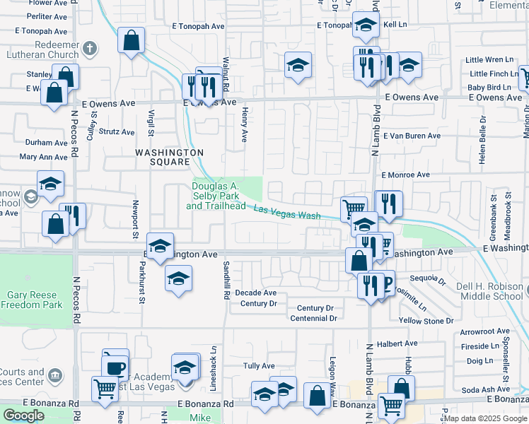 map of restaurants, bars, coffee shops, grocery stores, and more near Las Vegas Wash Trail in Las Vegas