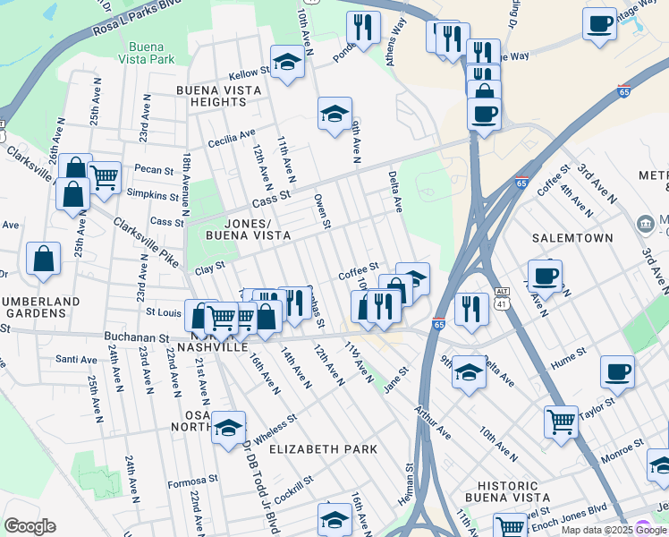 map of restaurants, bars, coffee shops, grocery stores, and more near 1902 11th Ave N in Nashville