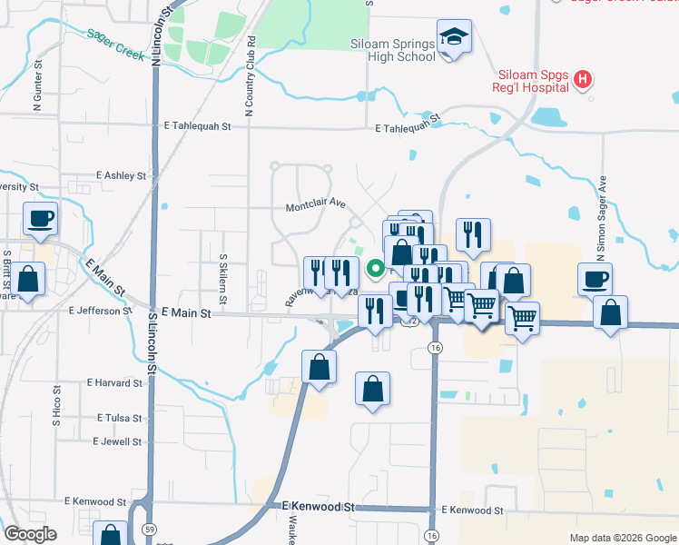 map of restaurants, bars, coffee shops, grocery stores, and more near 230 Ravenwood Road in Siloam Springs
