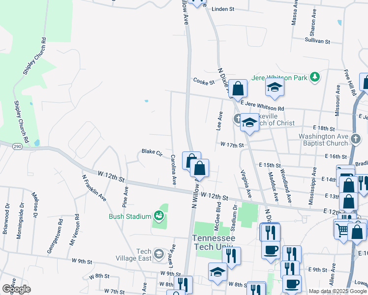map of restaurants, bars, coffee shops, grocery stores, and more near 1340 North Willow Avenue in Cookeville