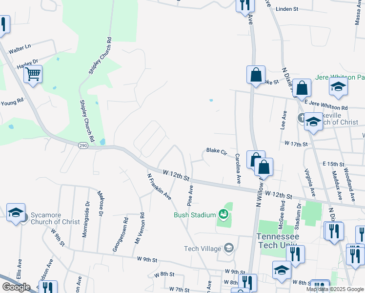 map of restaurants, bars, coffee shops, grocery stores, and more near 1295 East White Oak Drive in Cookeville
