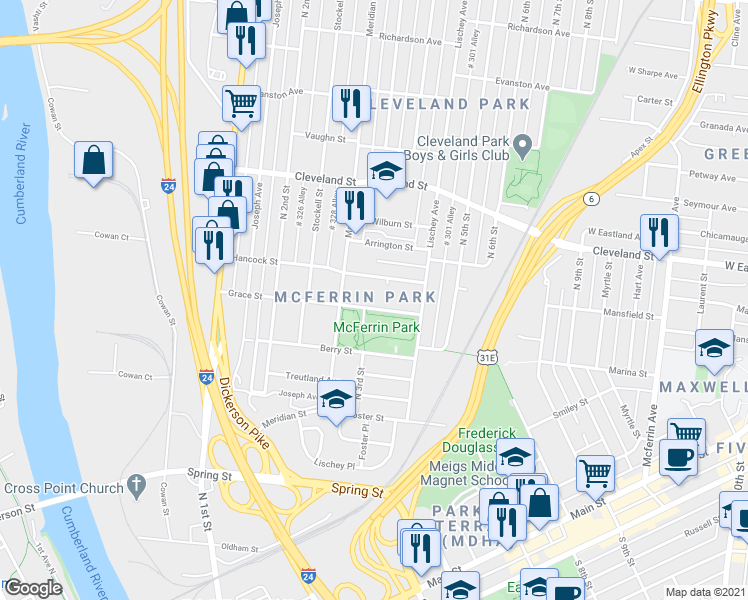 map of restaurants, bars, coffee shops, grocery stores, and more near 311 Grace Street in Nashville