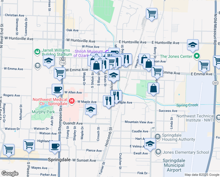 map of restaurants, bars, coffee shops, grocery stores, and more near 315 Holcomb Street in Springdale