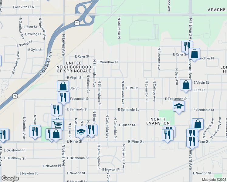 map of restaurants, bars, coffee shops, grocery stores, and more near 1933 North Columbia Place in Tulsa