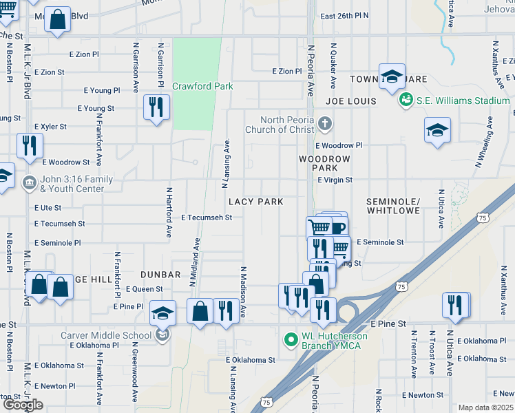 map of restaurants, bars, coffee shops, grocery stores, and more near 1872 North Madison Place in Tulsa