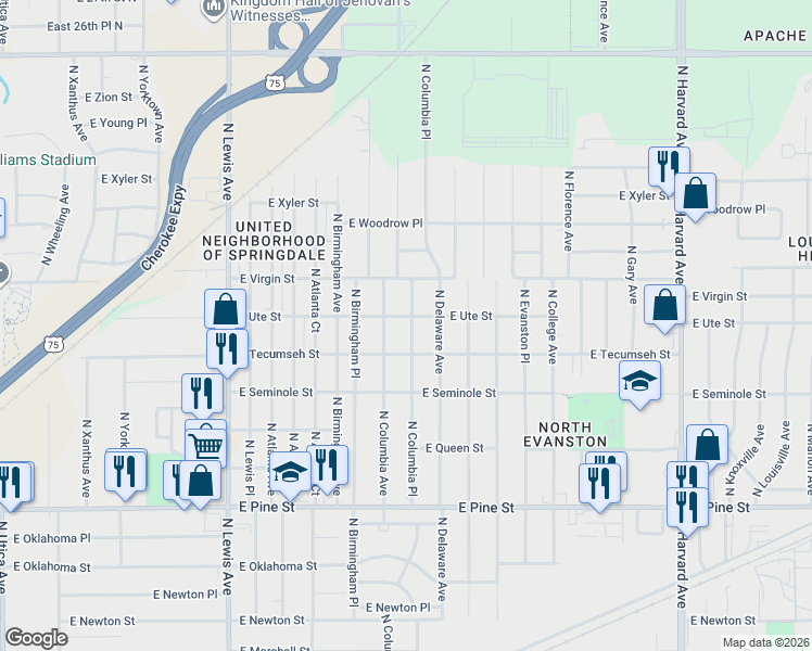 map of restaurants, bars, coffee shops, grocery stores, and more near 1933 North Columbia Place in Tulsa