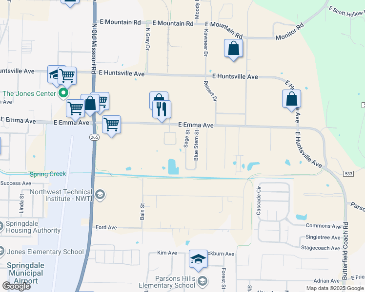 map of restaurants, bars, coffee shops, grocery stores, and more near 224 Sage Street in Springdale
