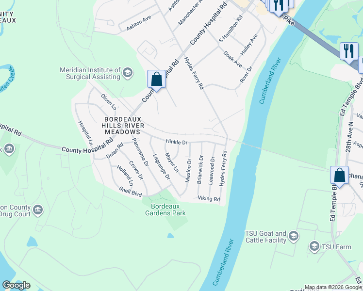 map of restaurants, bars, coffee shops, grocery stores, and more near 3261 Hinkle Drive in Nashville