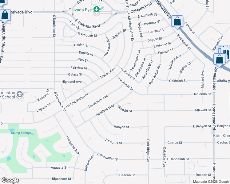 map of restaurants, bars, coffee shops, grocery stores, and more near 2521 Tecumseh Avenue in Pahrump