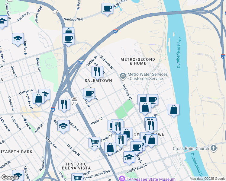 map of restaurants, bars, coffee shops, grocery stores, and more near 1703 4th Avenue North in Nashville