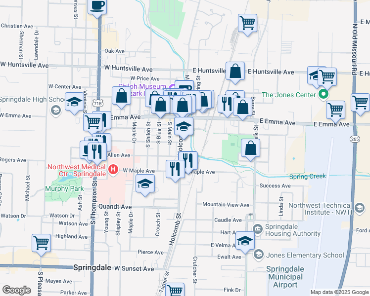 map of restaurants, bars, coffee shops, grocery stores, and more near 315 Holcomb Street in Springdale