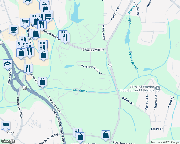 map of restaurants, bars, coffee shops, grocery stores, and more near Executive Drive in Winston-Salem