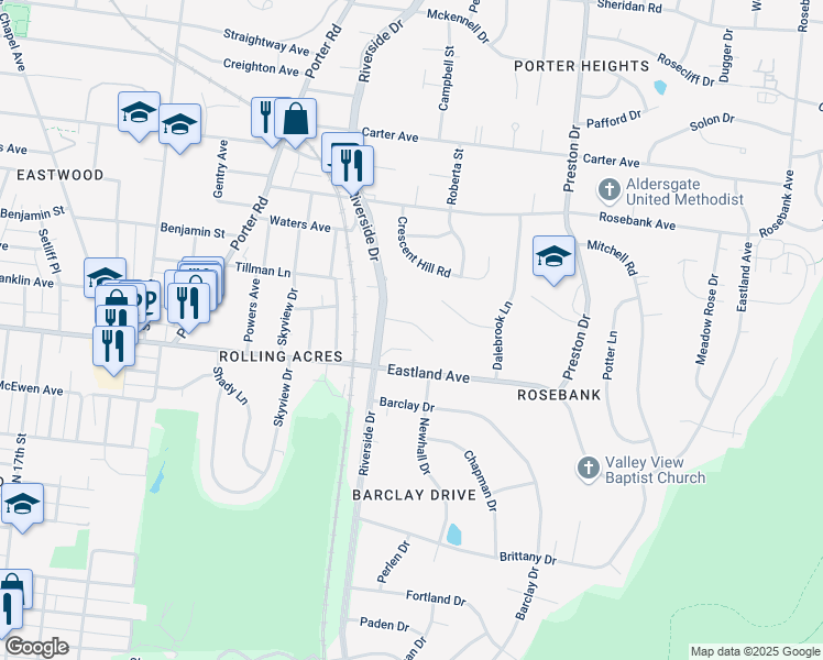 map of restaurants, bars, coffee shops, grocery stores, and more near 2316 Oak Court in Nashville