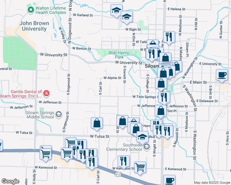 map of restaurants, bars, coffee shops, grocery stores, and more near 318 South Oak Hill Street in Siloam Springs