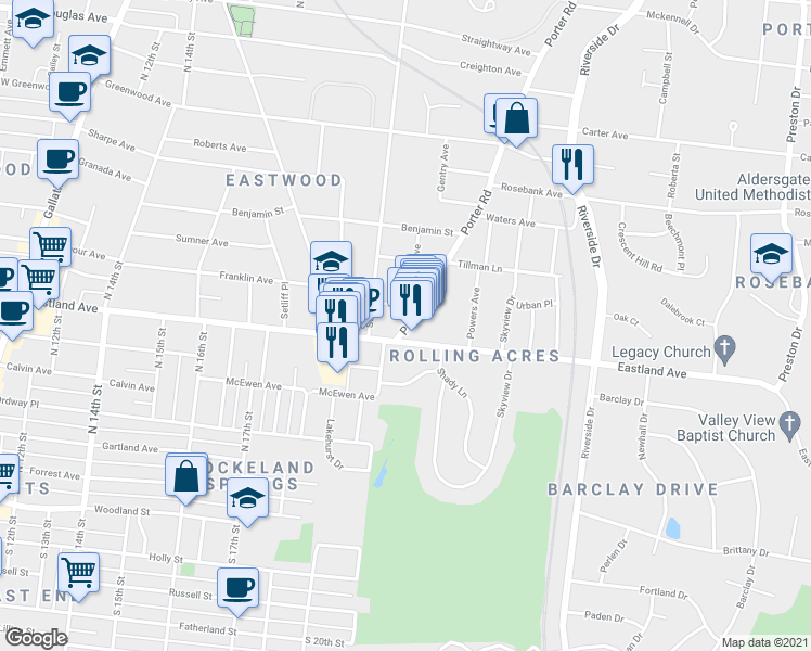 map of restaurants, bars, coffee shops, grocery stores, and more near 702 Porter Road in Nashville