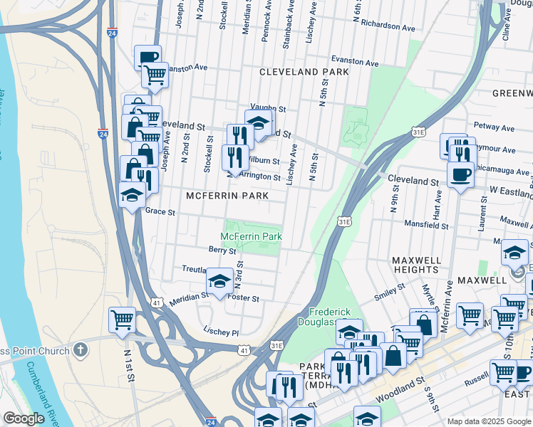 map of restaurants, bars, coffee shops, grocery stores, and more near 325D Grace Street in Nashville