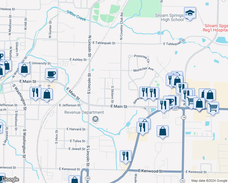 map of restaurants, bars, coffee shops, grocery stores, and more near 217 South Skilern Street in Siloam Springs