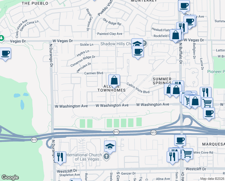 map of restaurants, bars, coffee shops, grocery stores, and more near 102 North Cimarron Road in Las Vegas