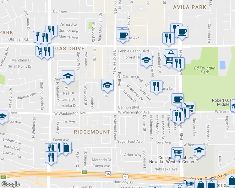 map of restaurants, bars, coffee shops, grocery stores, and more near 1113 Fay Boulevard in Las Vegas