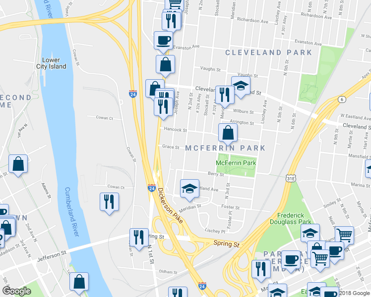 map of restaurants, bars, coffee shops, grocery stores, and more near 198 Grace Street in Nashville