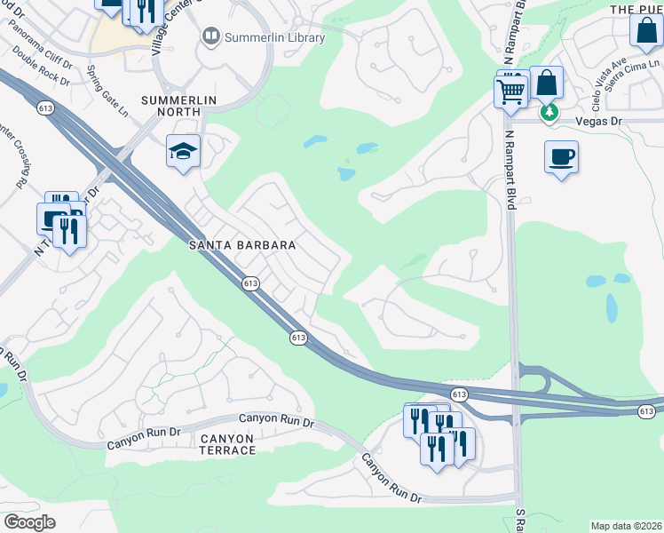 map of restaurants, bars, coffee shops, grocery stores, and more near 9100 Sunnyfield Drive in Las Vegas
