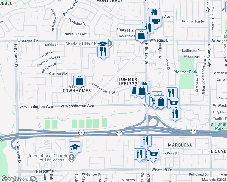 map of restaurants, bars, coffee shops, grocery stores, and more near 7901 Leavorite Drive in Las Vegas