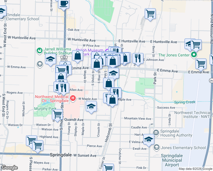 map of restaurants, bars, coffee shops, grocery stores, and more near 308 S Main St in Springdale