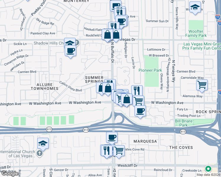 map of restaurants, bars, coffee shops, grocery stores, and more near 1025 North Buffalo Drive in Las Vegas
