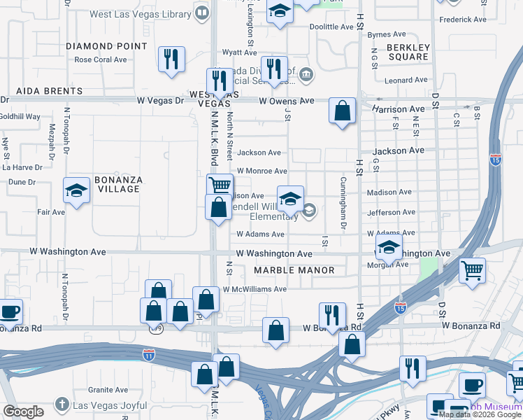 map of restaurants, bars, coffee shops, grocery stores, and more near 1226 Jefferson Avenue in Las Vegas