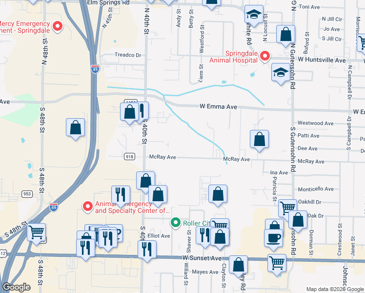 map of restaurants, bars, coffee shops, grocery stores, and more near 3700 McRay Avenue in Springdale
