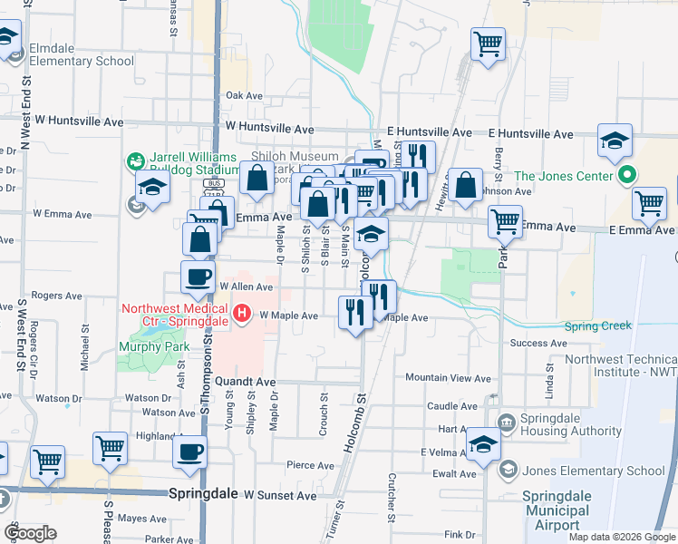 map of restaurants, bars, coffee shops, grocery stores, and more near 308 South Main Street in Springdale