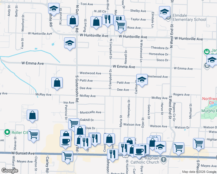 map of restaurants, bars, coffee shops, grocery stores, and more near 2000 Dee Avenue in Springdale