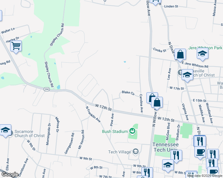 map of restaurants, bars, coffee shops, grocery stores, and more near 1245 Pine Ave in Cookeville