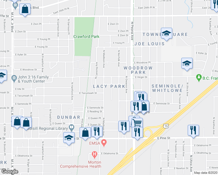 map of restaurants, bars, coffee shops, grocery stores, and more near 1872 North Madison Place in Tulsa