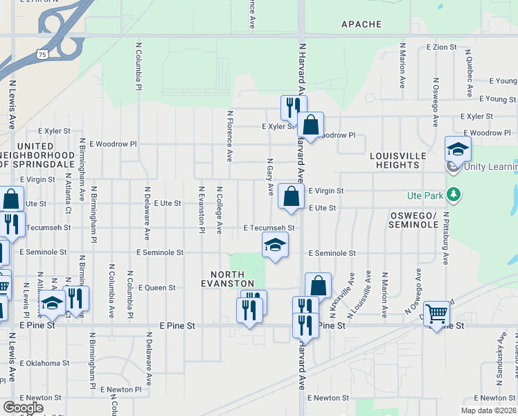map of restaurants, bars, coffee shops, grocery stores, and more near 1927 North Florence Place in Tulsa