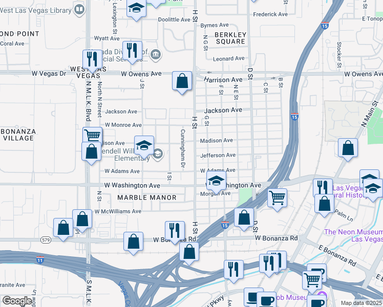 map of restaurants, bars, coffee shops, grocery stores, and more near 1103 H Street in Las Vegas
