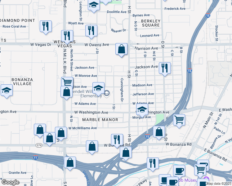 map of restaurants, bars, coffee shops, grocery stores, and more near 1102 I Street in Las Vegas