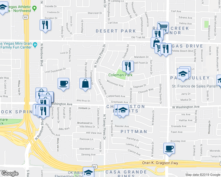 map of restaurants, bars, coffee shops, grocery stores, and more near 1021 Coral Isle Way in Las Vegas