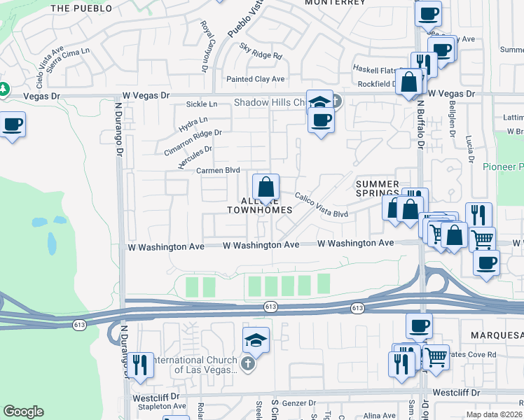 map of restaurants, bars, coffee shops, grocery stores, and more near 102 North Cimarron Road in Las Vegas