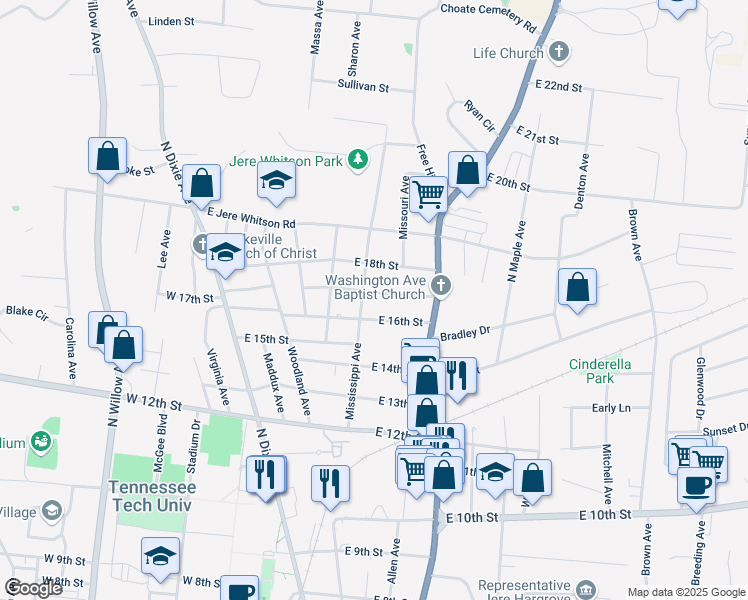 map of restaurants, bars, coffee shops, grocery stores, and more near 305 East 17th Street in Cookeville