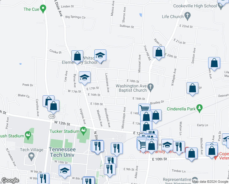 map of restaurants, bars, coffee shops, grocery stores, and more near 1618 Texas Avenue in Cookeville