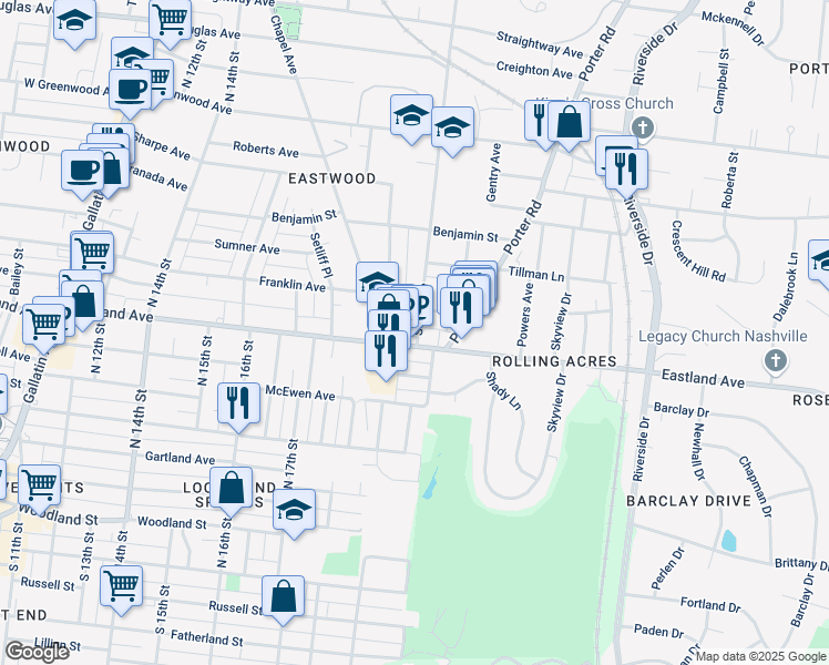 map of restaurants, bars, coffee shops, grocery stores, and more near 99 Scott Avenue in Nashville