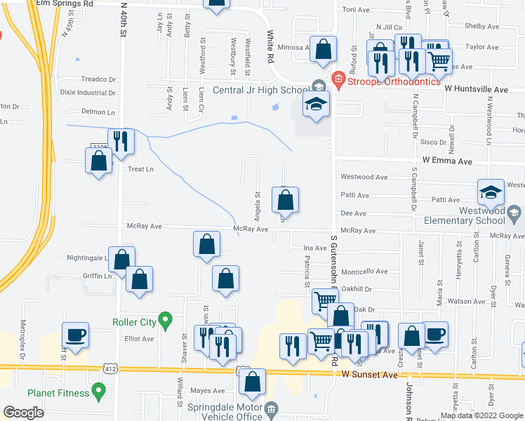 map of restaurants, bars, coffee shops, grocery stores, and more near 303 Angela Street in Springdale