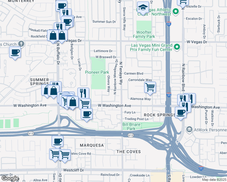 map of restaurants, bars, coffee shops, grocery stores, and more near 1017 North Rainbow Meadows Drive in Las Vegas