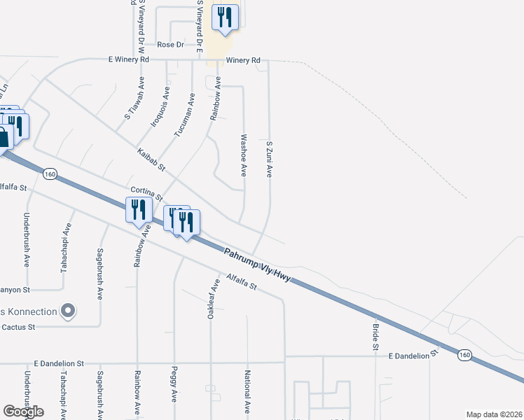 map of restaurants, bars, coffee shops, grocery stores, and more near 2520 South Zuni Avenue in Pahrump