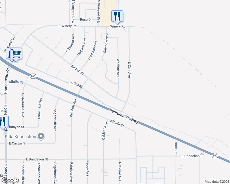 map of restaurants, bars, coffee shops, grocery stores, and more near 2540 Washoe Avenue in Pahrump