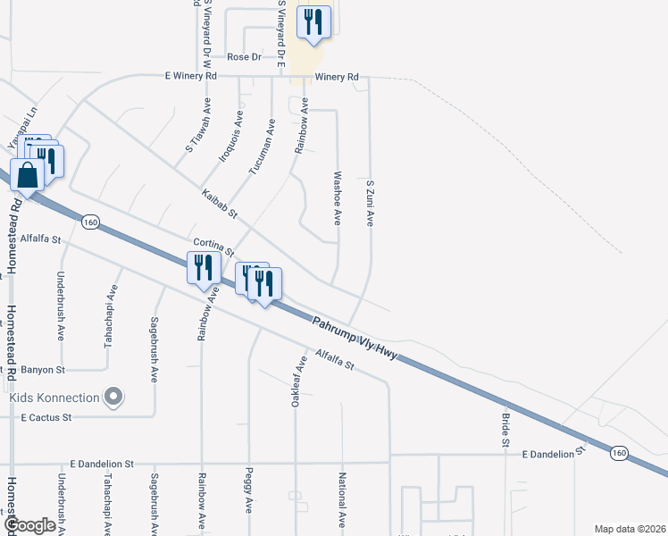 map of restaurants, bars, coffee shops, grocery stores, and more near 2540 Washoe Avenue in Pahrump