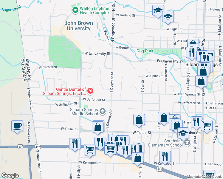 map of restaurants, bars, coffee shops, grocery stores, and more near West Twin Springs Street in Siloam Springs