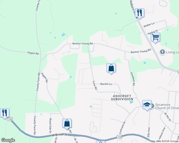 map of restaurants, bars, coffee shops, grocery stores, and more near 540 Cora Road in Cookeville