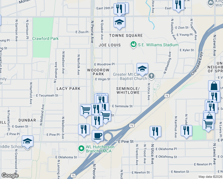 map of restaurants, bars, coffee shops, grocery stores, and more near 2007 North Quincy Avenue in Tulsa